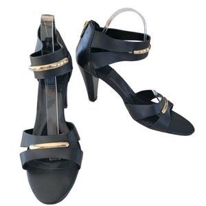 Isola black heel with gold detailing and zipper 3.5 in cone heel size 11 strappy